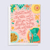 Hanukkah card featuring illustrations items around a dinner table and script lettering "gather round the table, we'll give you a treat! Dredels to play with and latkes to eat"