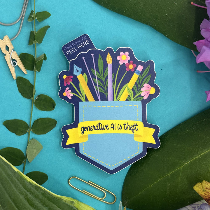 Sticker with 'generative AI is theft' text on a blue background with plants and paper clips.