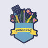sticker with an illustration of a pen, knitting needles, pencil, and flowers in a pocket with a banner that says "generative AI is theft"