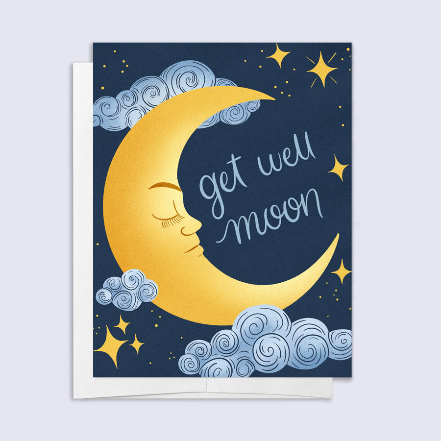 Greeting card with a yellow moon and stars on a blue background, featuring the text 'get well moon'.