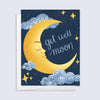 Greeting card with a yellow moon and stars on a blue background, featuring the text 'get well moon'.