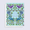 Card with colorful birds and Hebrew text on a light blue background