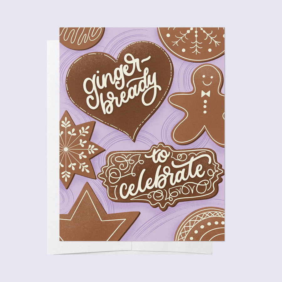 A greeting card with a gingerbread theme, featuring cookies, a gingerbread man, and the text 'Gingerbread to Celebrate'.