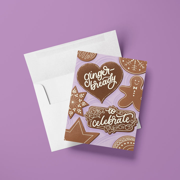Greeting card with gingerbread-themed design on a purple background