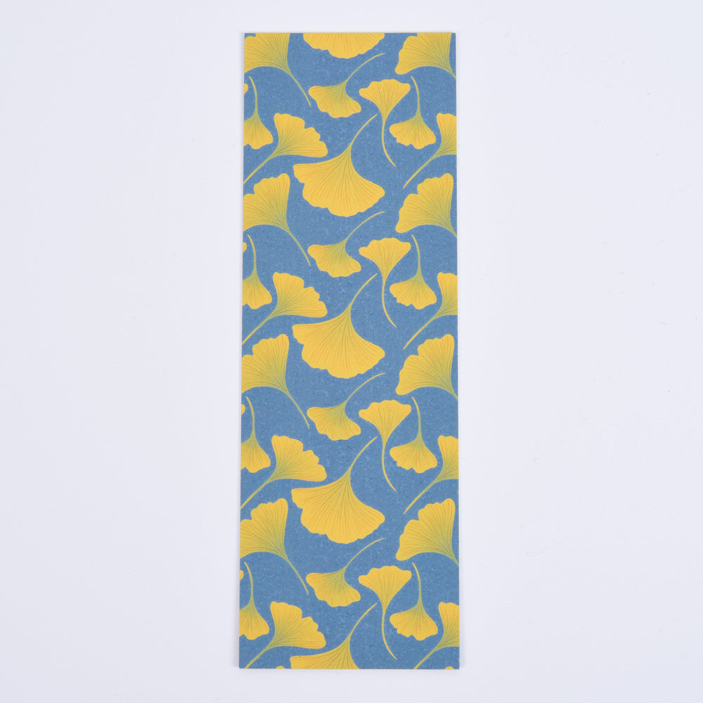 A blue and yellow ginkgo patterned bookmark.