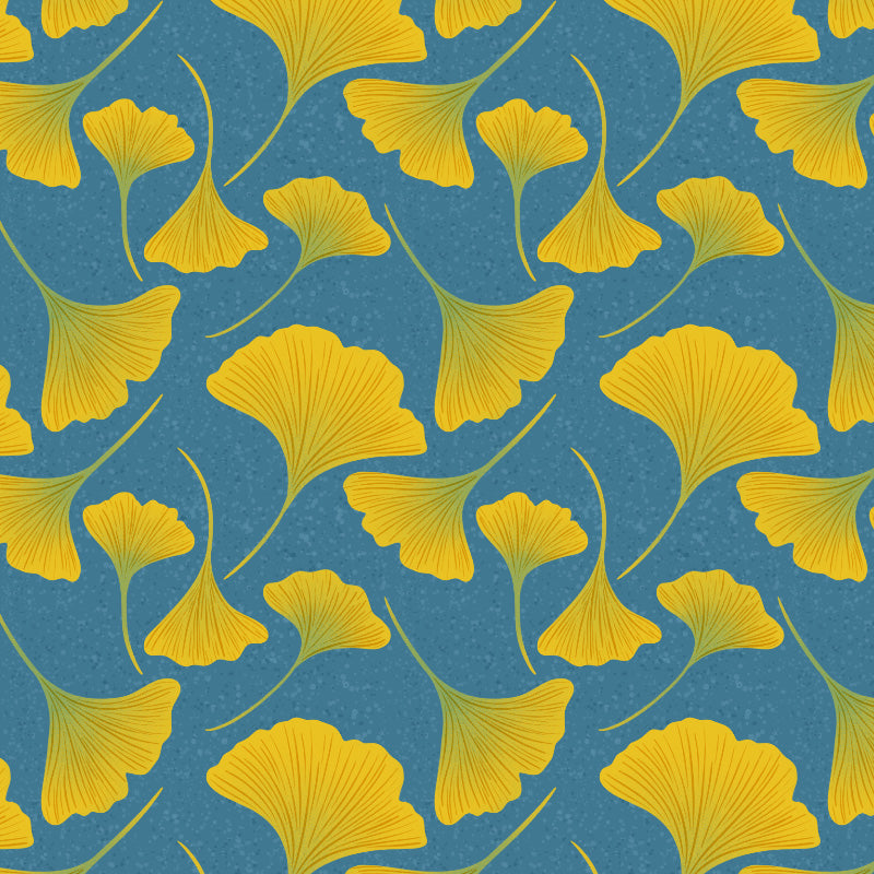 pattern of yellow ginkgo leaves on a speckled blue background