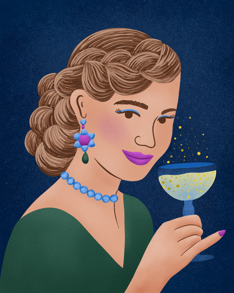 Illustration of a woman with a cocktail and jewelry on a dark blue background