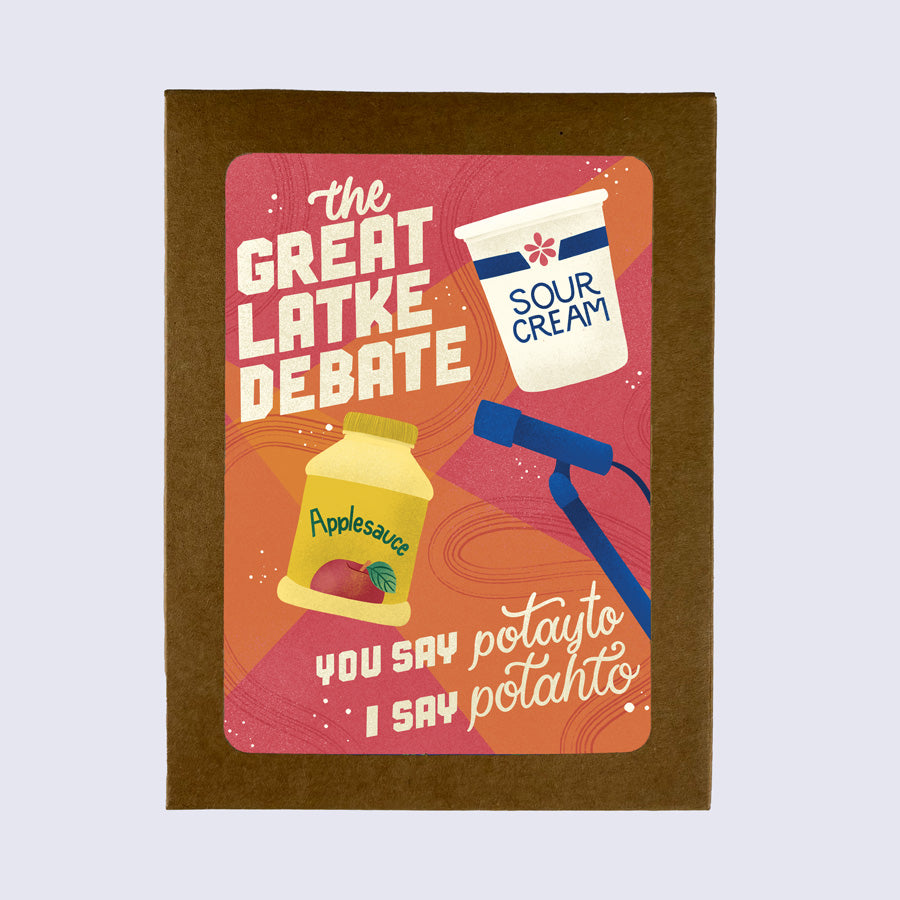 Greeting card with a humorous design featuring a microphone and a container of sour cream, titled 'The Great Latke Debate'.