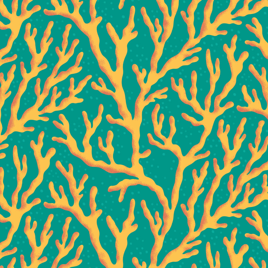 Pattern of orange coral branches on a teal background