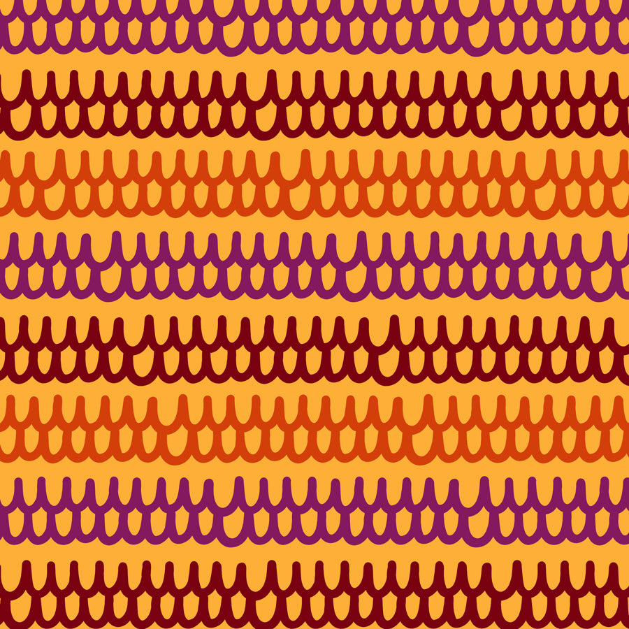 Pattern of purple and orange wavy lines on a yellow background