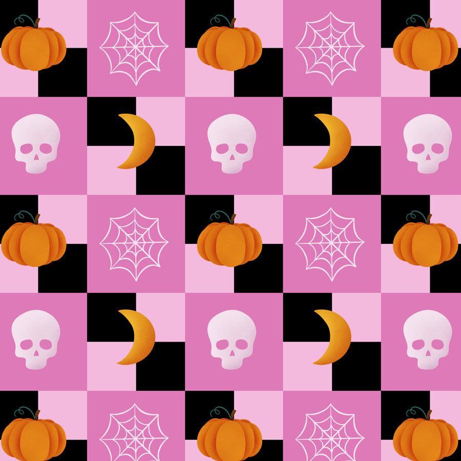 Halloween-themed checkered pattern with pumpkins, skulls, and spider webs on a pink and black background.