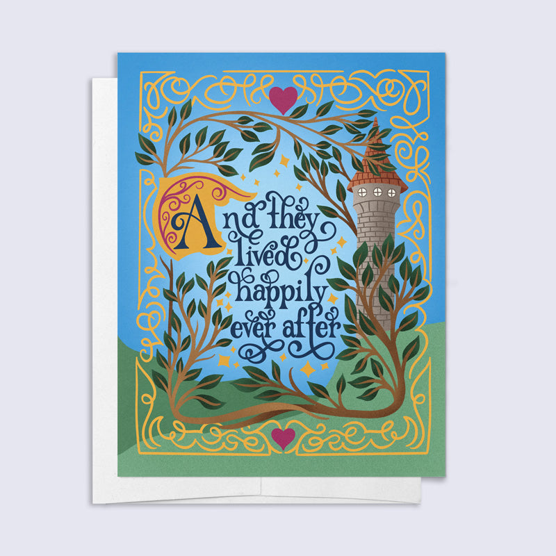Greeting card with fairy tale design, castle, and text on a blue background