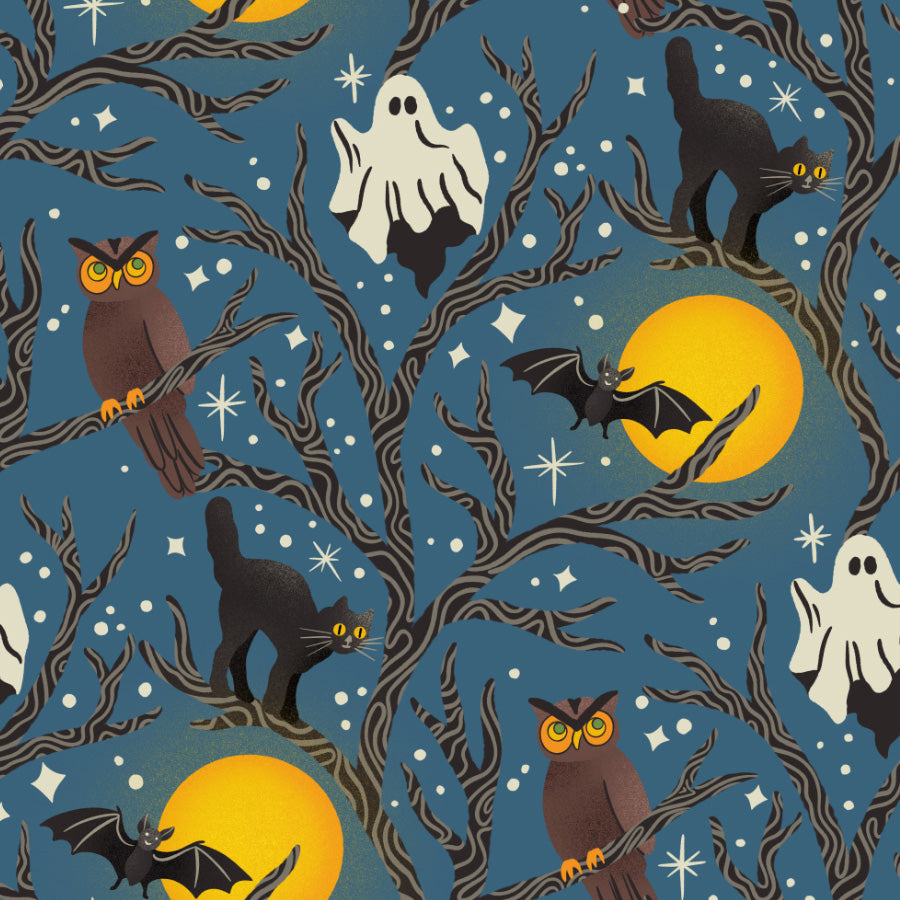 Halloween-themed pattern with owls, cats, bats, and ghosts on a blue background.