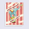 Circus-themed birthday card with an elephant and striped background