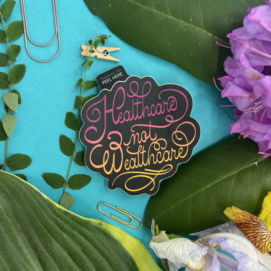 Sticker with 'Healthcare Not Wealthcare' text on a blue background with green leaves and flowers.