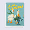 hanukkah card featuring illustration of two geese wearing winter clothes standing behind a hanukkah menorah with text "honk sameach"