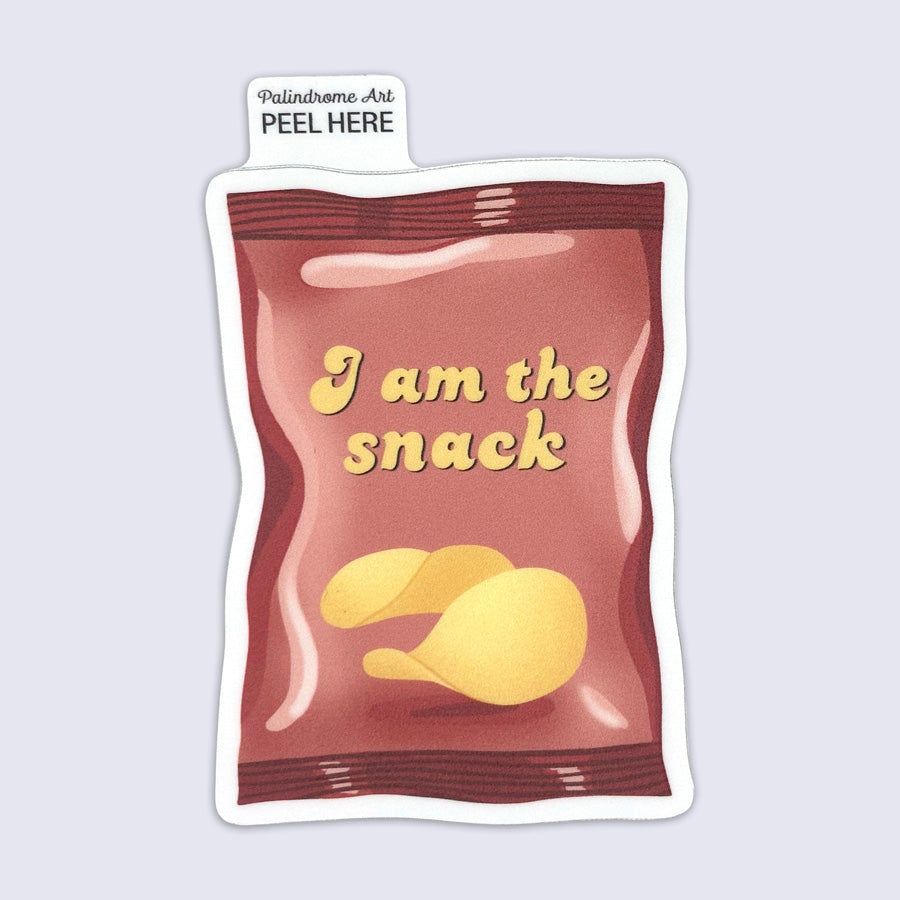sticker with Illustration of a snack packet with 'I am the snack' text on a light gray background