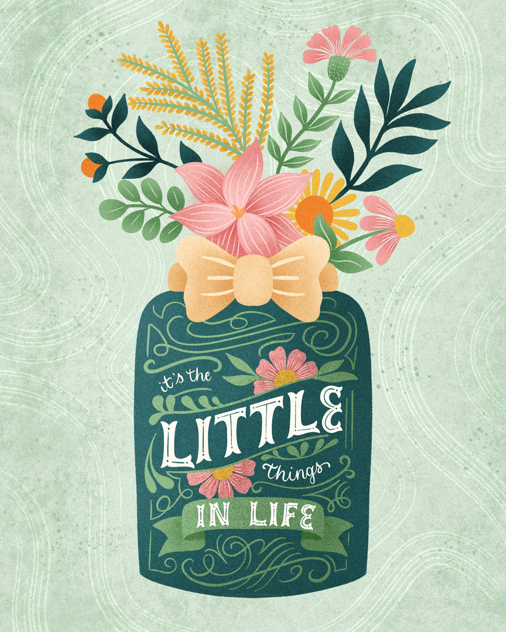 Decorative design with flowers, a bow, and text on a textured background