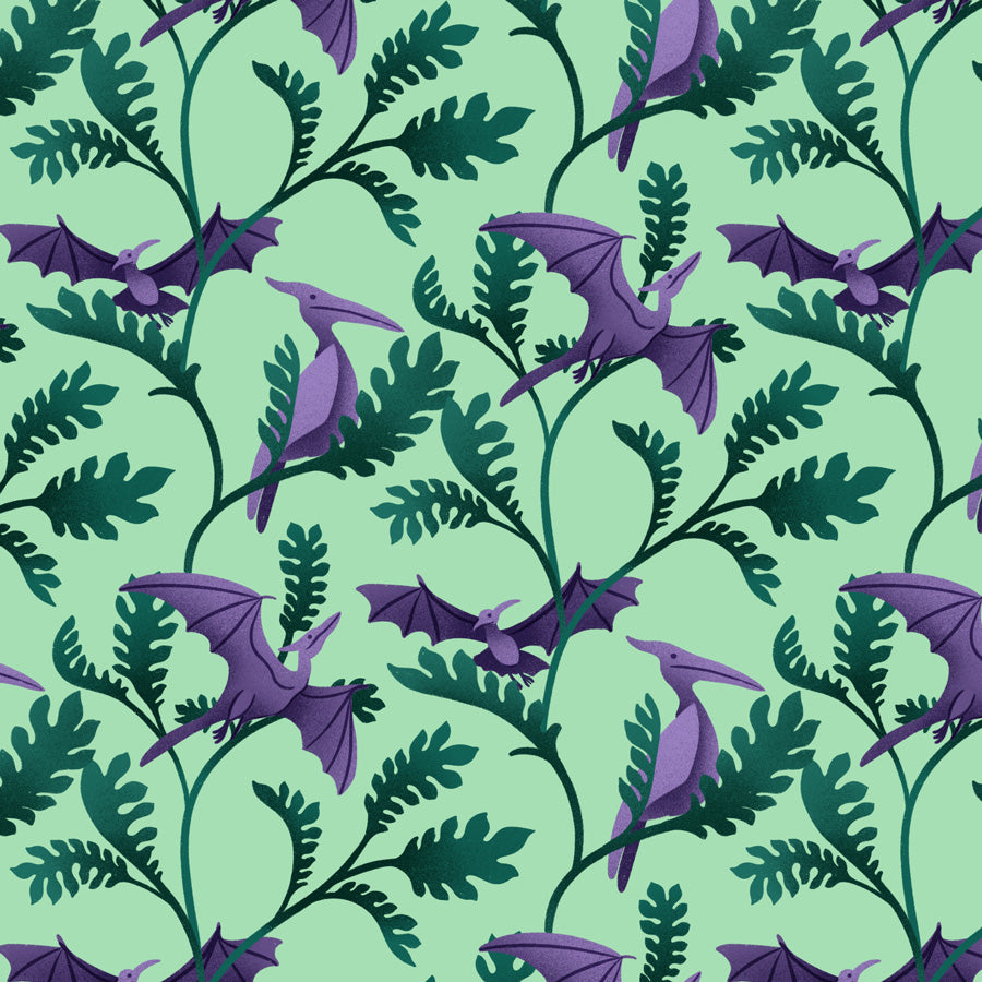 Pattern of purple dinosaurs and green leaves on a light green background