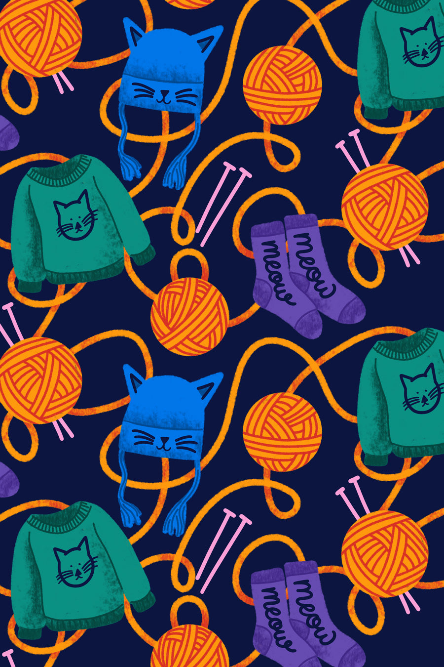 Pattern of yarn balls, sweaters, and hats on a dark blue background
