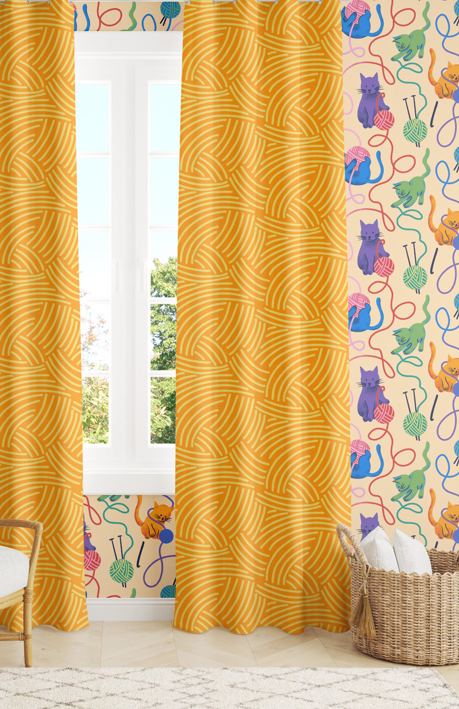Yellow patterned curtains with a colorful cat-themed wallpaper in the background.
