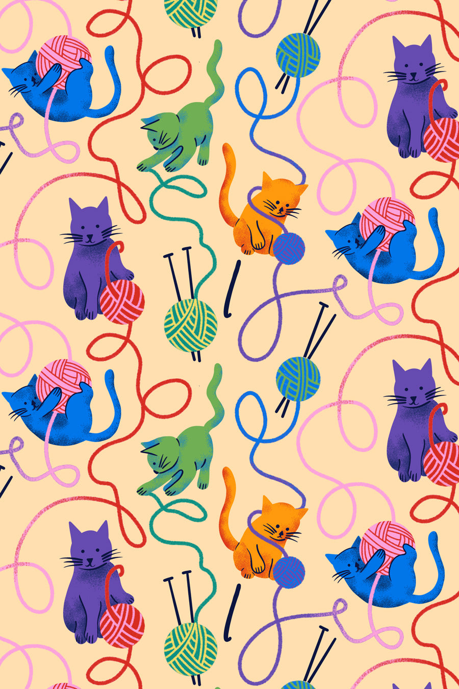 Pattern of colorful cats with yarn and knitting needles on a beige background