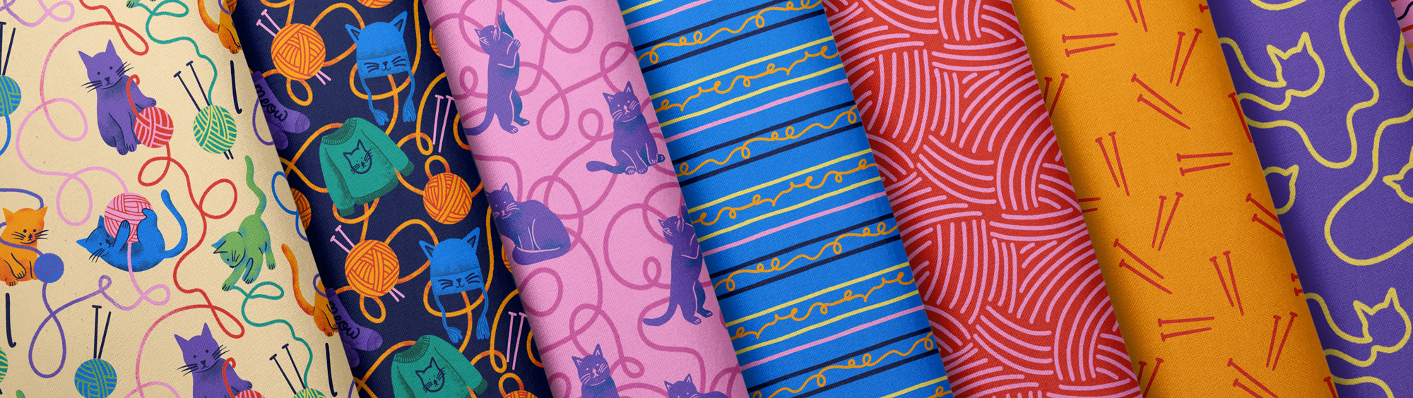 Collection of colorful fabric swatches with various patterns