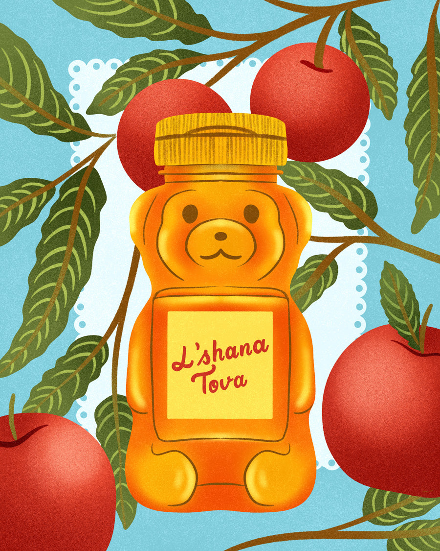 Honey bear bottle with 'L'shana Tova' text surrounded by apples and leaves on a blue background