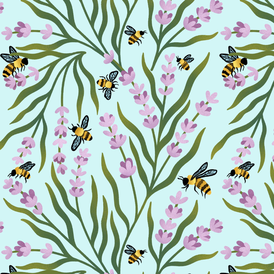 Pattern of bees and pink flowers on a light blue background