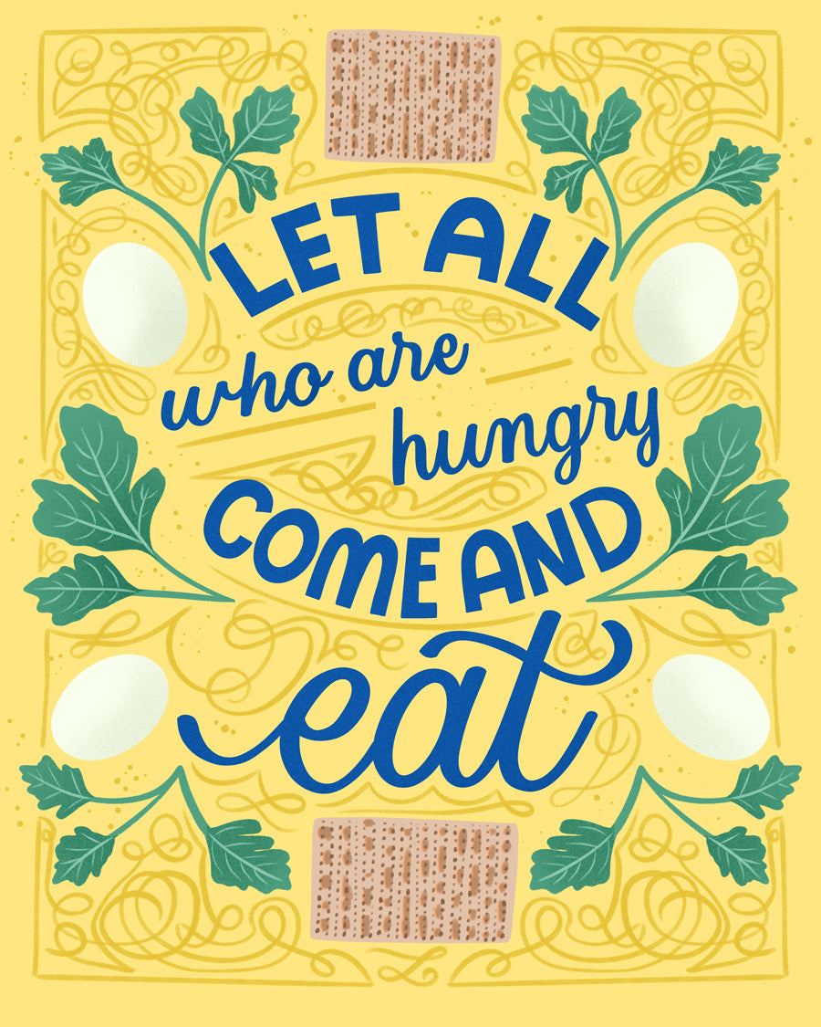 'Let all who are hungry come and eat' on a yellow background with green leaves and eggs