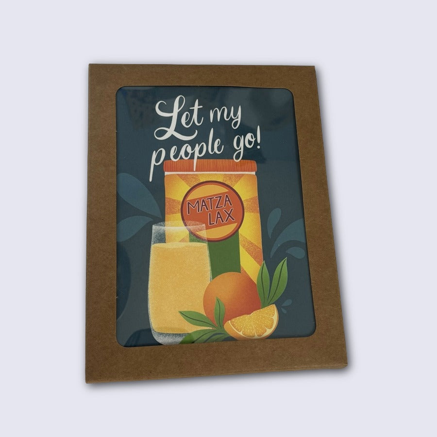 Card with a humorous design of a juice box labeled 'Matza Lax' with text 'Let my people go!' on a plain background.