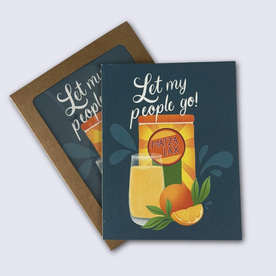 Greeting card with 'Let my people go! Matza Lax' text and a glass of orange juice on a blue background.