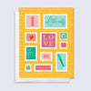 greeting card with illustrated stamps that says "I letter-ally love you so much"