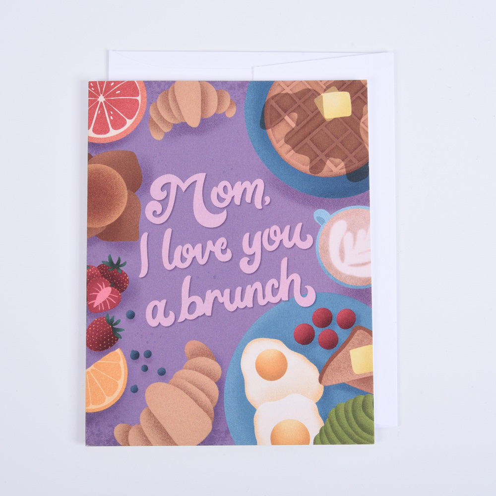 A greeting card with a colorful illustration of breakfast items and the text 'Mom, I love you a brunch' on a purple background.