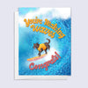 Greeting card with a dog on a surfboard and text 'You're making waves. Congrats!' against a blue wave background.