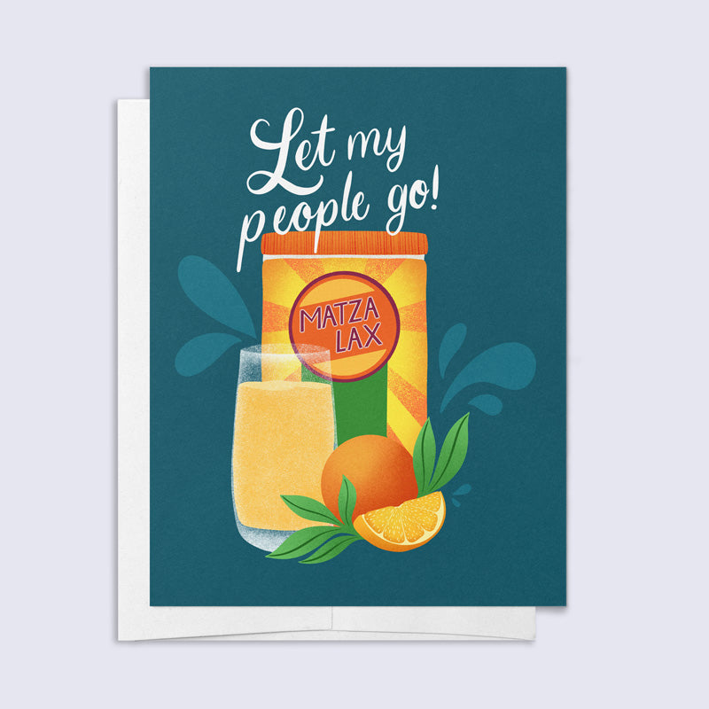 Card with a humorous design of matza lax and orange juice, featuring the text 'Let my people go!'.