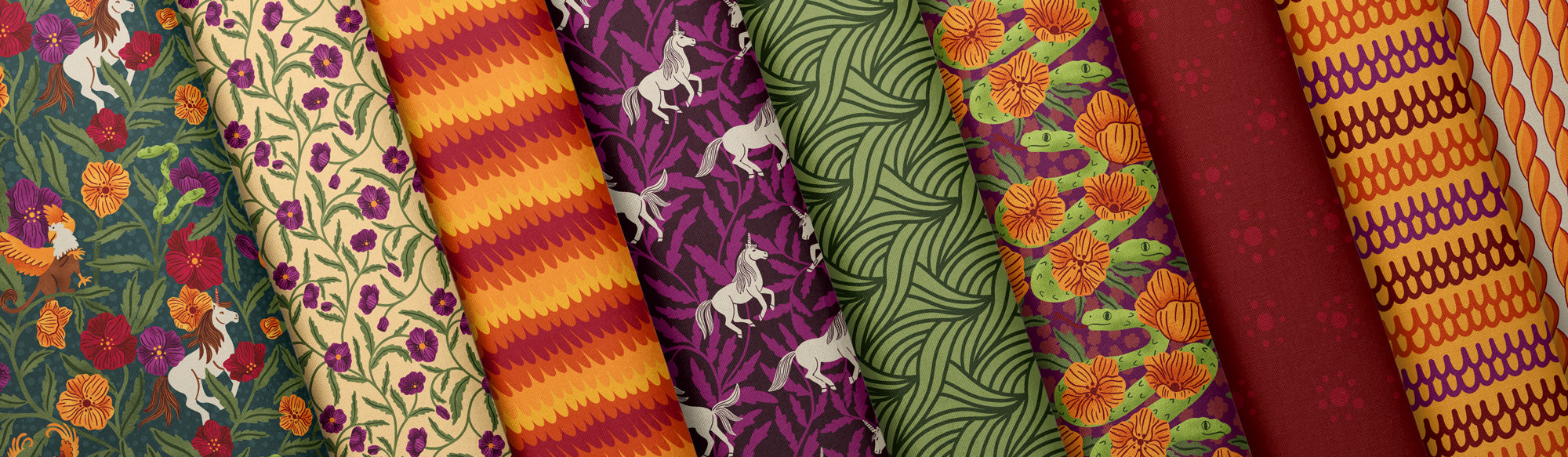 Collection of colorful fabric swatches with various patterns
