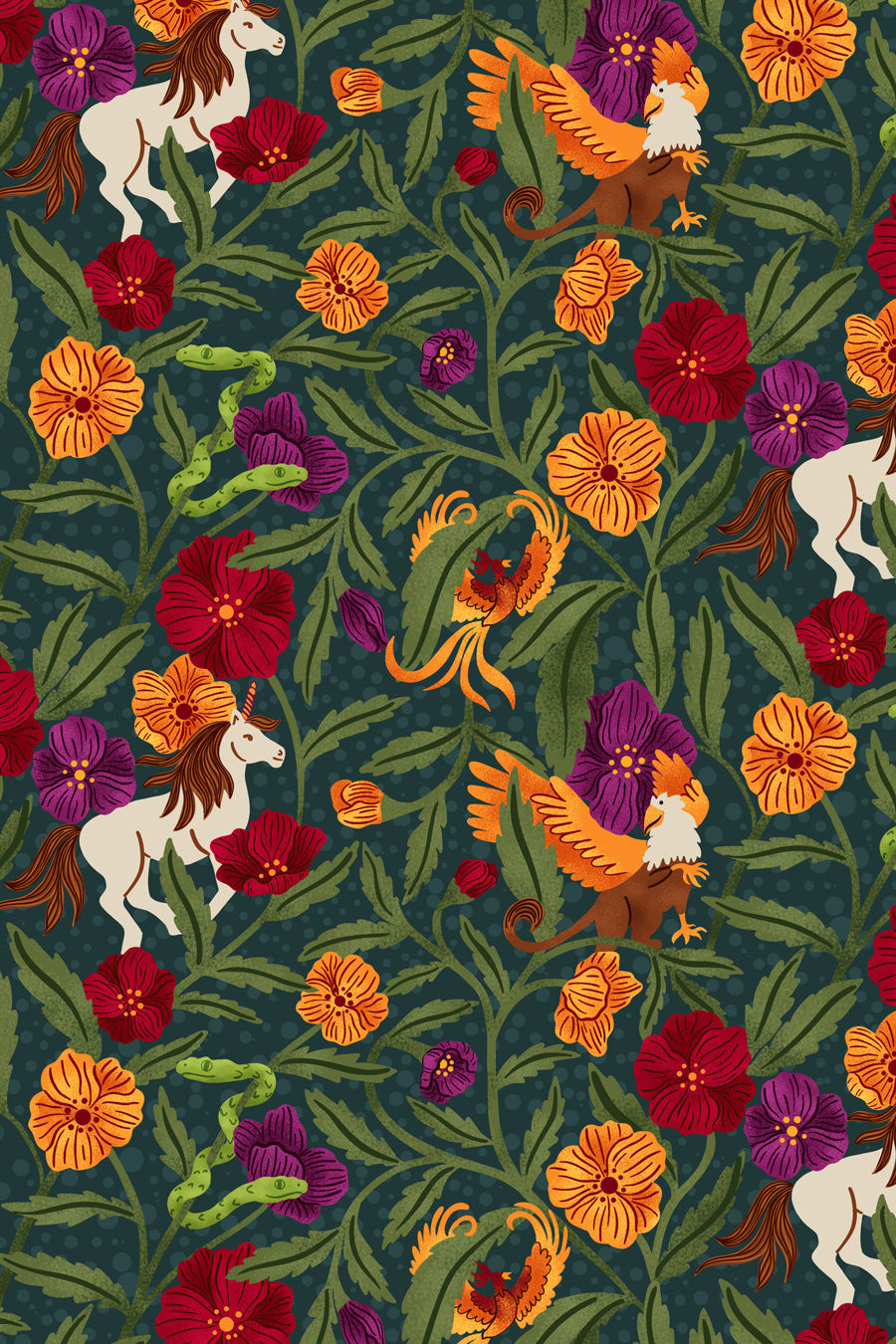 Patterned fabric unicorns, phoenixes, grifons, and snakes, and flowers on a dark green background