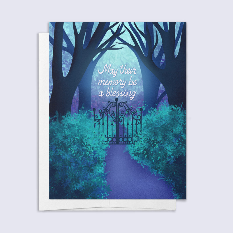 Greeting card with a gate and trees design and text 'May their memory be a blessing' on a light blue background.