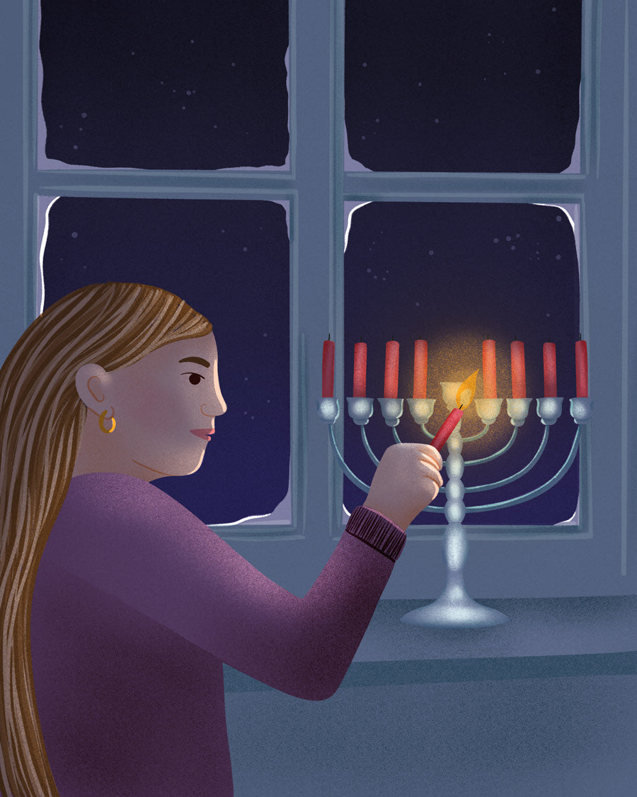 Illustration of a woman lighting a menorah in front of a window at night.