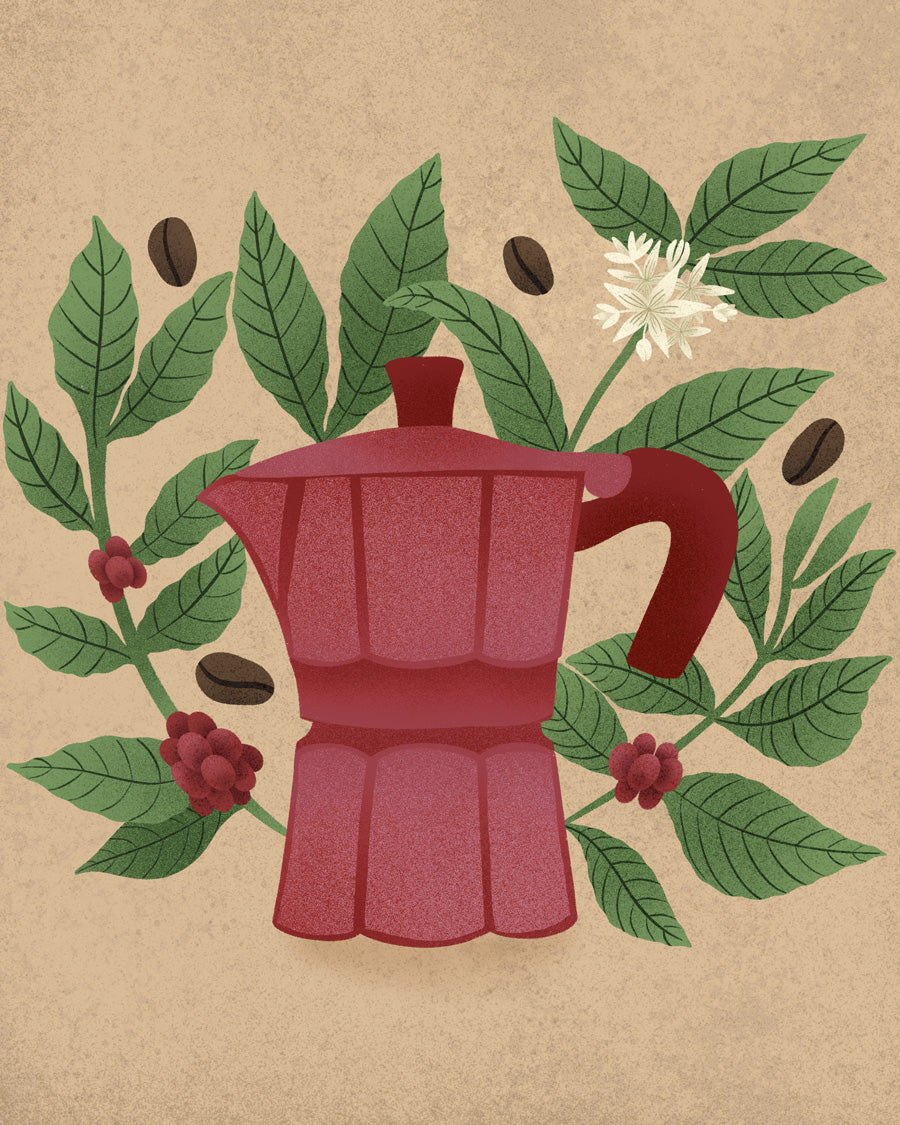 Illustration of a red coffee moka pot with coffee beans and leaves on a beige background