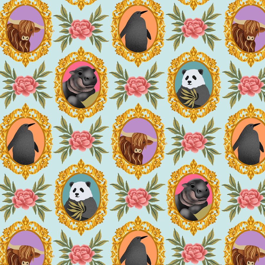 Pattern with animals in decorative frames on a light blue background