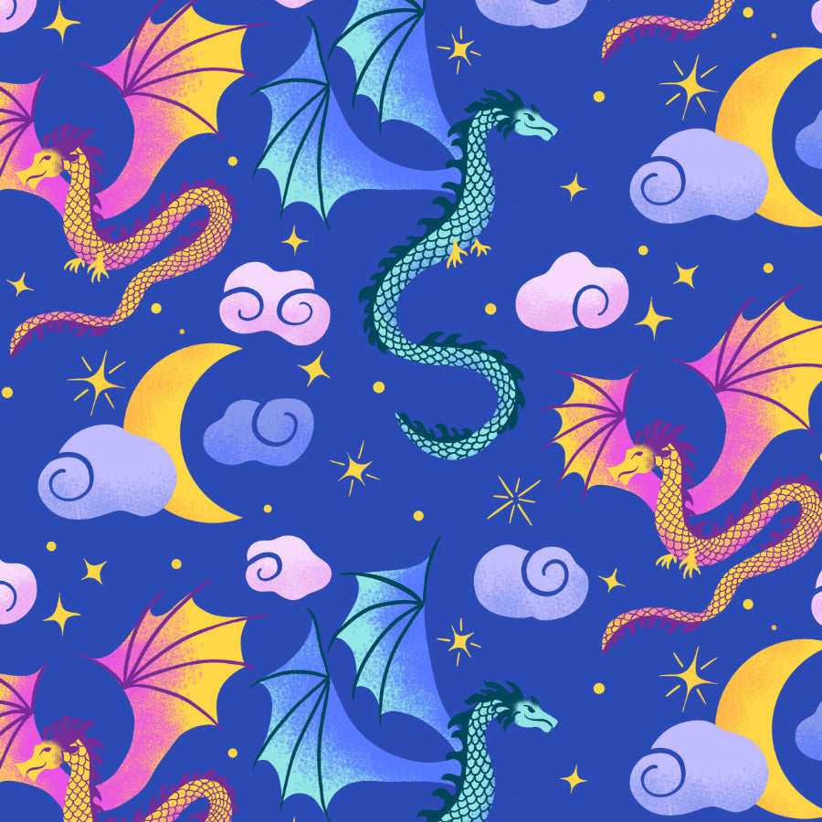 Colorful dragon and cloud pattern on a blue background