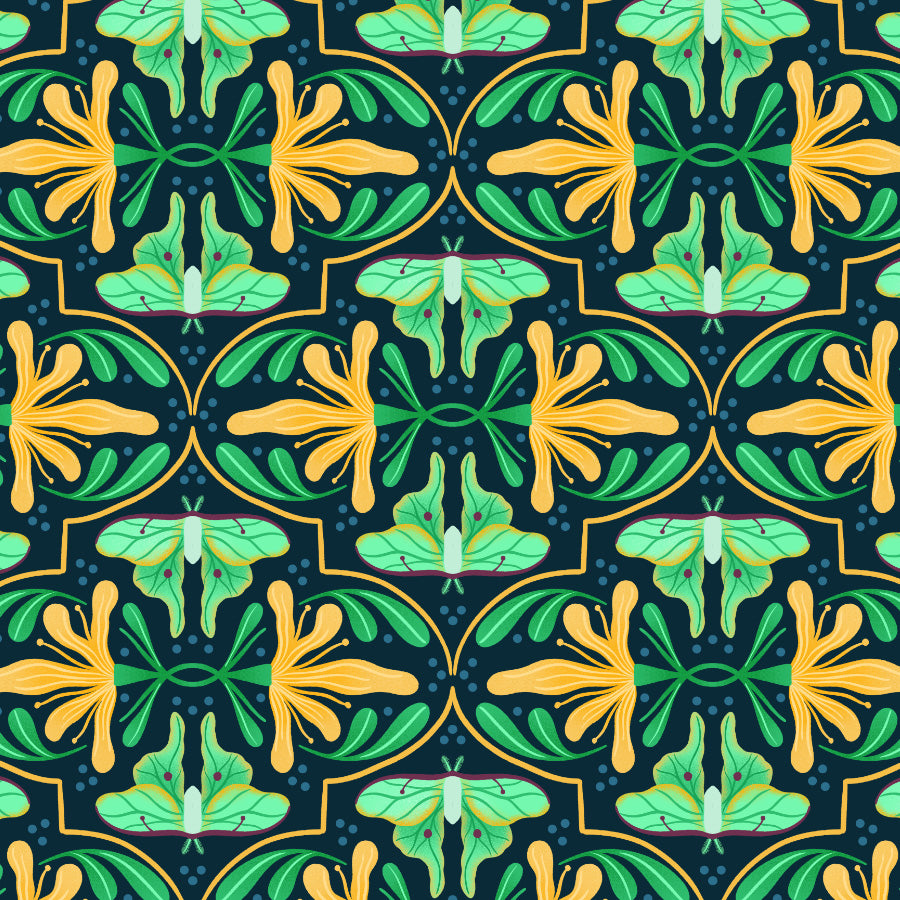 pattern with green and yellow flowers and green moths on a dark blue background
