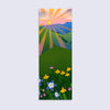 bookmark with an illustration of a sun setting over mountains and flowers