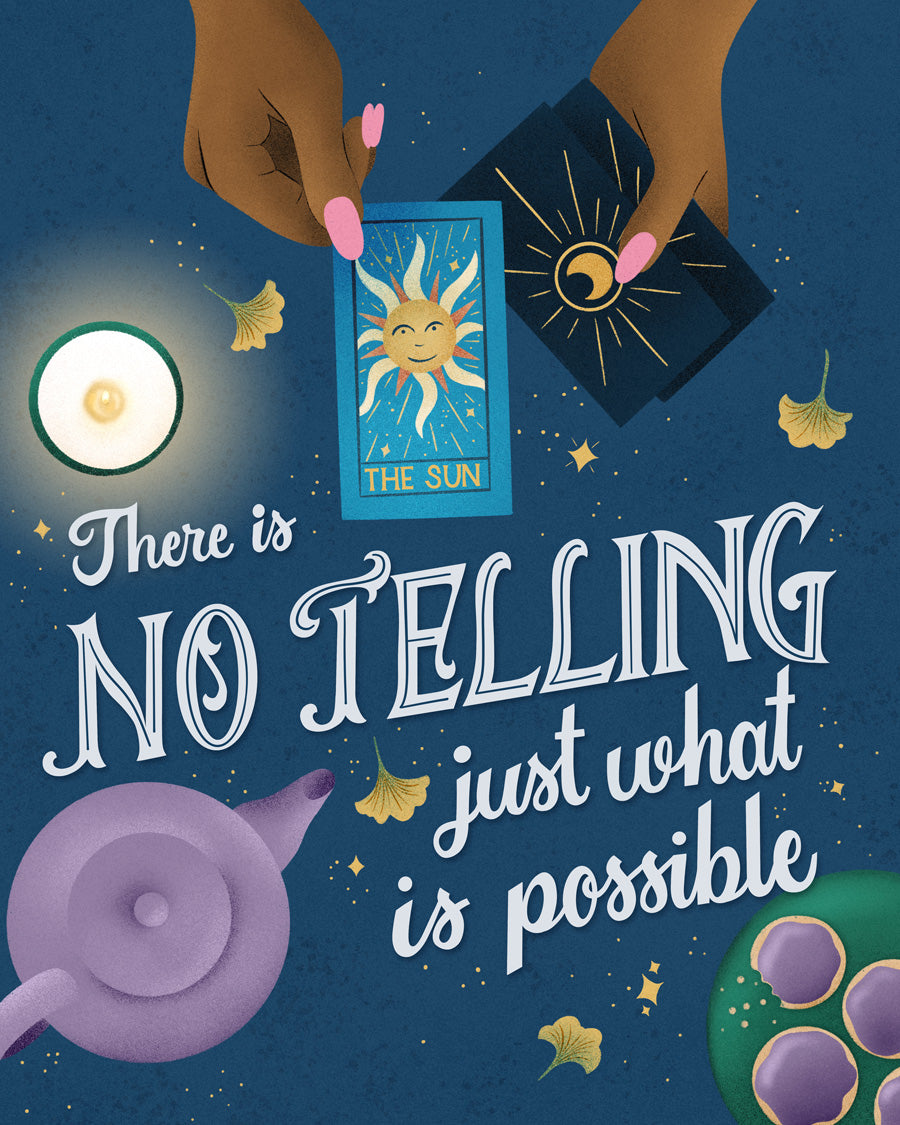 Cartoon hands holding a tarot card with 'The Sun' card, surrounded by stars and a lantern on a blue background.