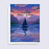 greeting card with illustration of a sun setting behind lake and mountains with a sailboat and script "sometimes there are no words"