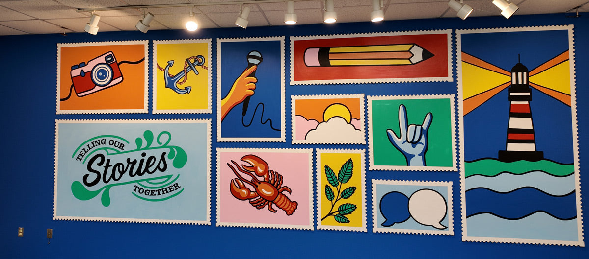 colorful mural of stamps with Rhode Island and news symbols on a blue background