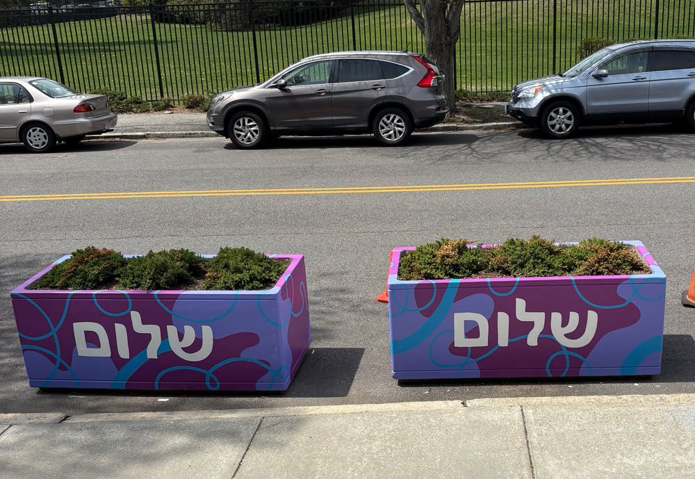 Two colorful planters with Hebrew text "shalom" on a street with parked cars.