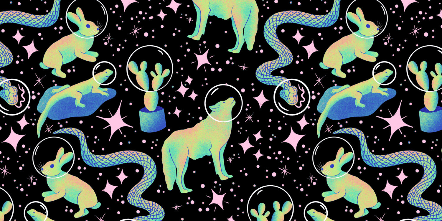 pattern of pastel Southwestern animals in space wearing space helmets on a black background